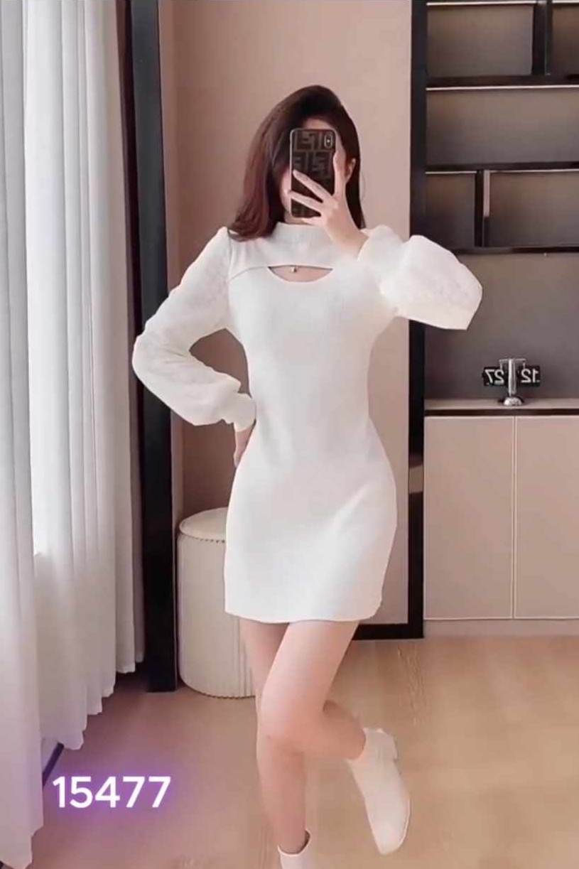15477-Đầm  suông len trắng tay dài khoét ngực ( len tăm)_thumbnail_0