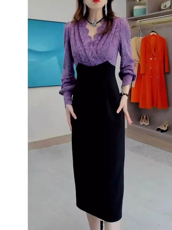 15445-Đầm body phối ren  tím tay dài cách điệu ( poly 2 da, ren)_thumbnail_2