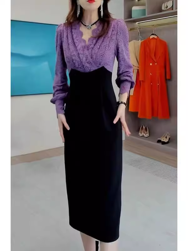 15445-Đầm body phối ren  tím tay dài cách điệu ( poly 2 da, ren)_thumbnail_0