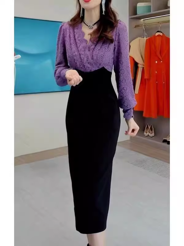 15445-Đầm body phối ren  tím tay dài cách điệu ( poly 2 da, ren)_thumbnail_1