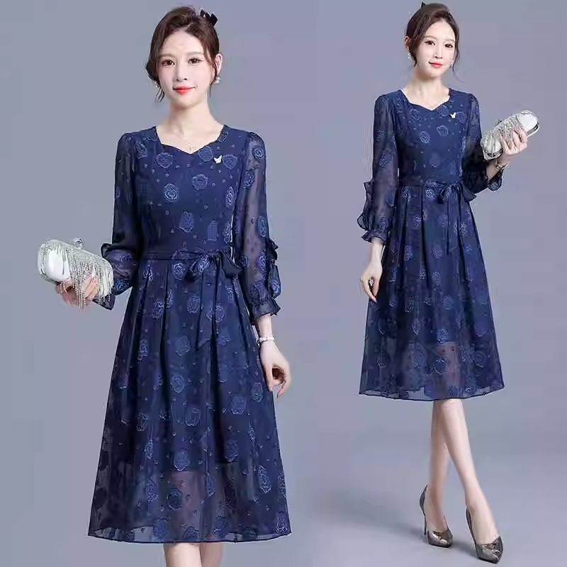 15942-Đầm xoè tay dài   voan hoa dập nổi màu xanh đen ( voan, lót)_thumbnail_0