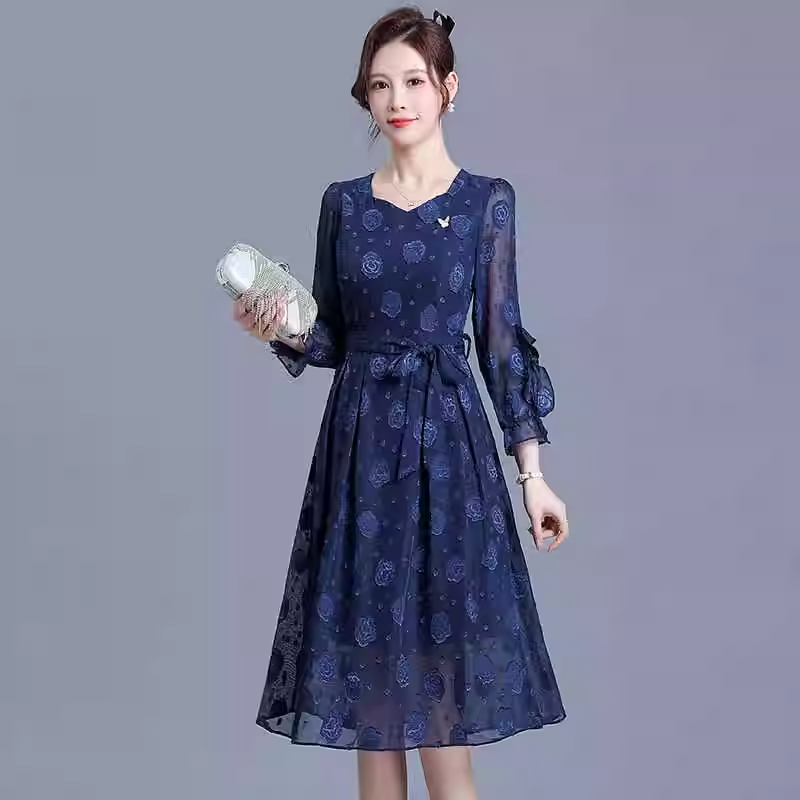 15942-Đầm xoè tay dài   voan hoa dập nổi màu xanh đen ( voan, lót)_thumbnail_1