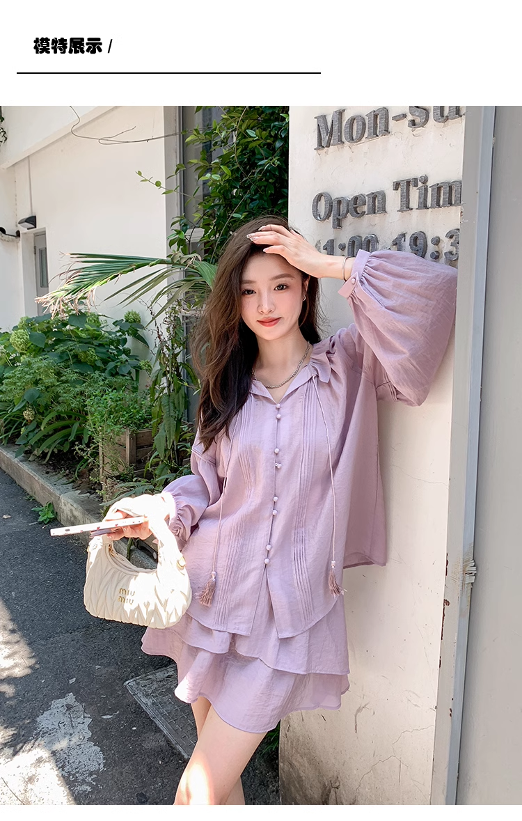 15646-Set  áo dài tay kèm chân  váy tím nhạt ( lụa vân mây)