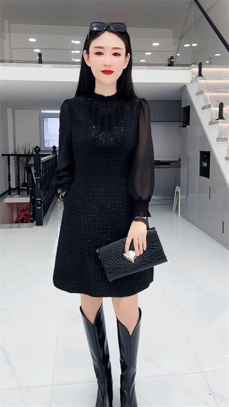 15961-Đầm suông A phối tay voan dài màu đen ( tweet ruby, voan)_thumbnail_3