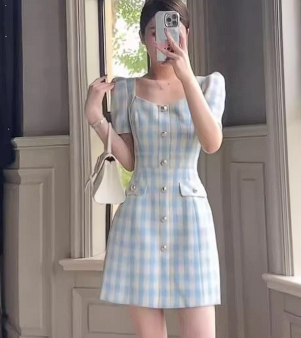 15699-Đầm suông A kẻ ô trắng xanh ( dạ kẻ)_thumbnail_1