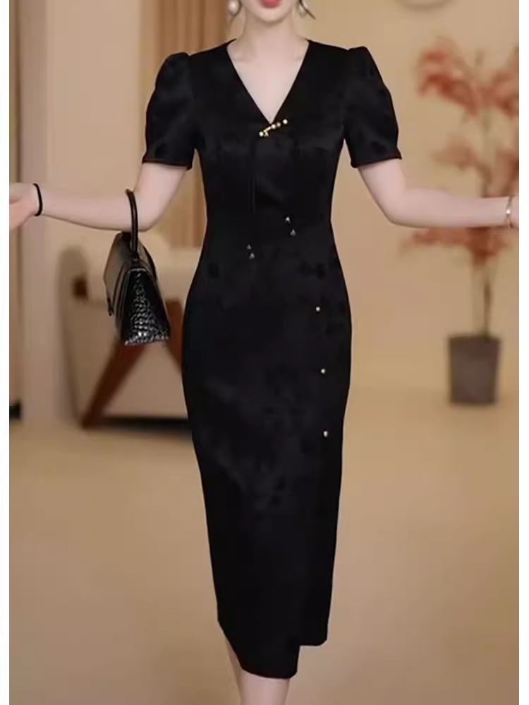 15524-Đầm body xẻ tà  cổ V kết nút tàu ( lụa vân gấm)_thumbnail_1