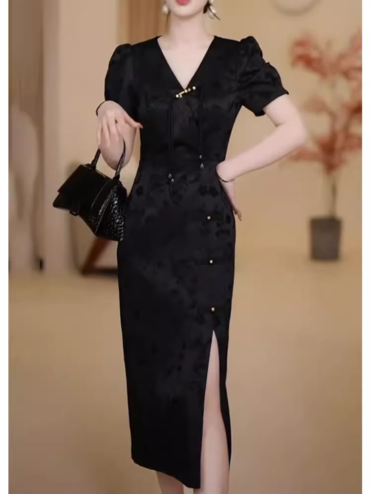 15524-Đầm body xẻ tà  cổ V kết nút tàu ( lụa vân gấm)_thumbnail_0