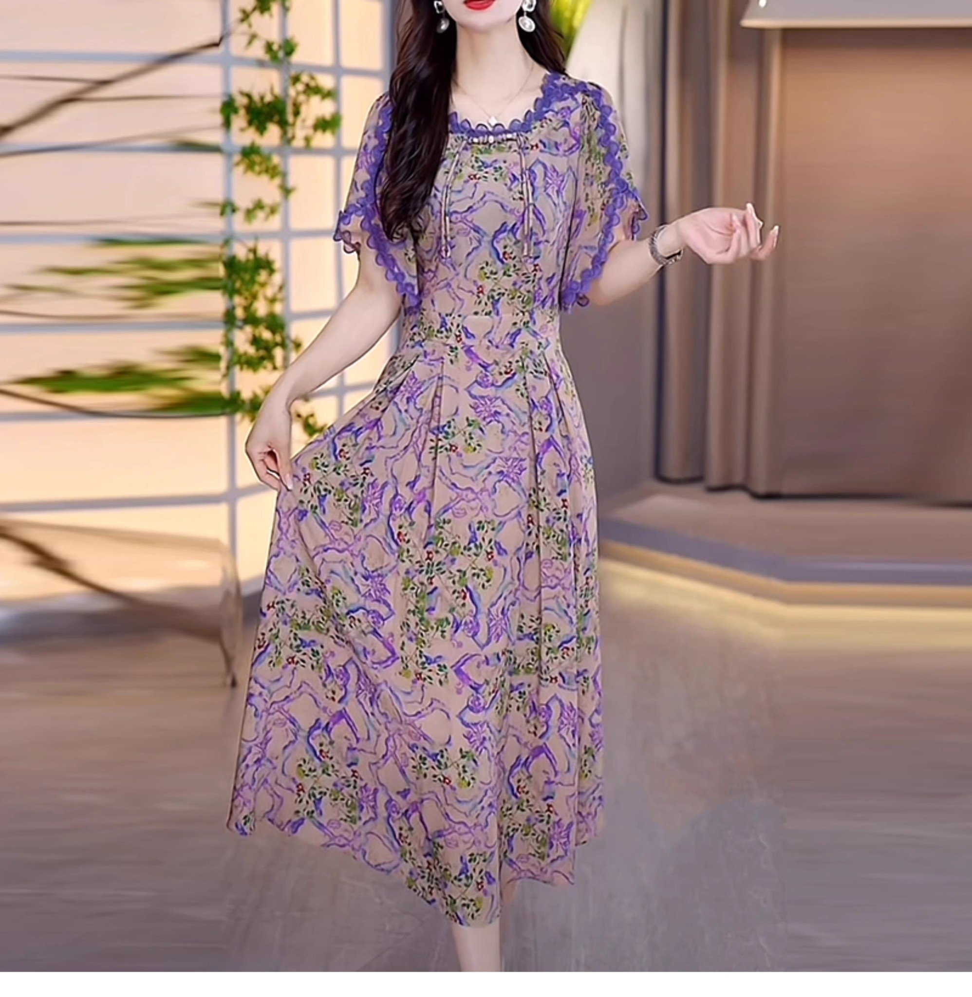 15793-Đầm xòe màu  tím  in hoa   3D phối viền  ren  cách điệu ( lụa , ren)_thumbnail_2