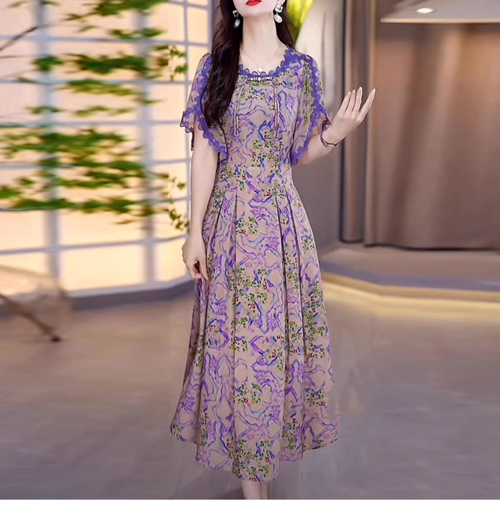 15793-Đầm xòe màu  tím  in hoa   3D phối viền  ren  cách điệu ( lụa , ren)_thumbnail_0