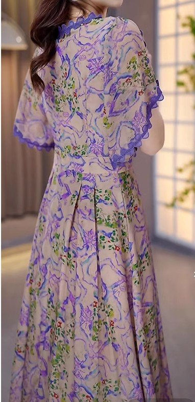 15793-Đầm xòe màu  tím  in hoa   3D phối viền  ren  cách điệu ( lụa , ren)_thumbnail_3