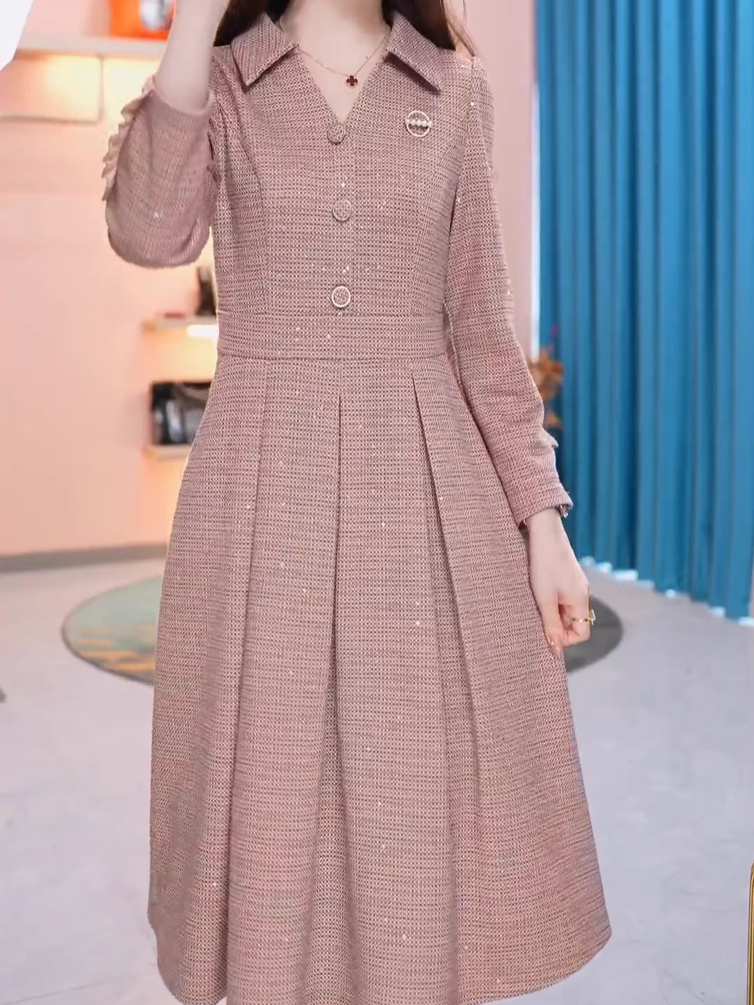 15823-Đầm xoè tay dài cổ bẻ  két nút ( tweet ruby)_thumbnail_0