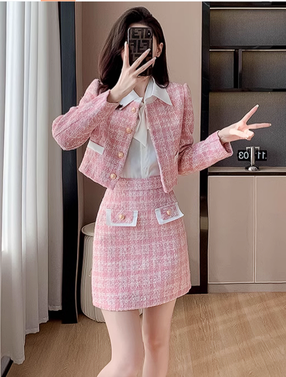 15708-Set khoác kèm chân  váy bút chì dạ text hồng ( dạ text)