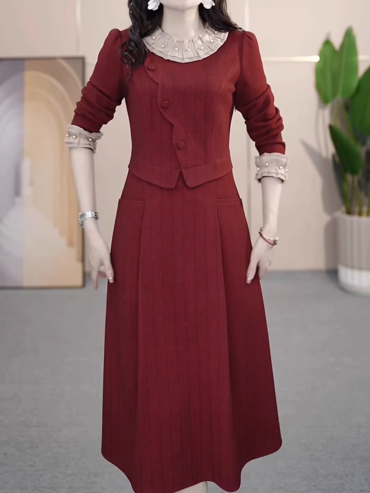 15337-Đầm liền  đỏ tay  dài dáng peplum cổ viền nâu kết hạt ( linen kẻ)_thumbnail_0
