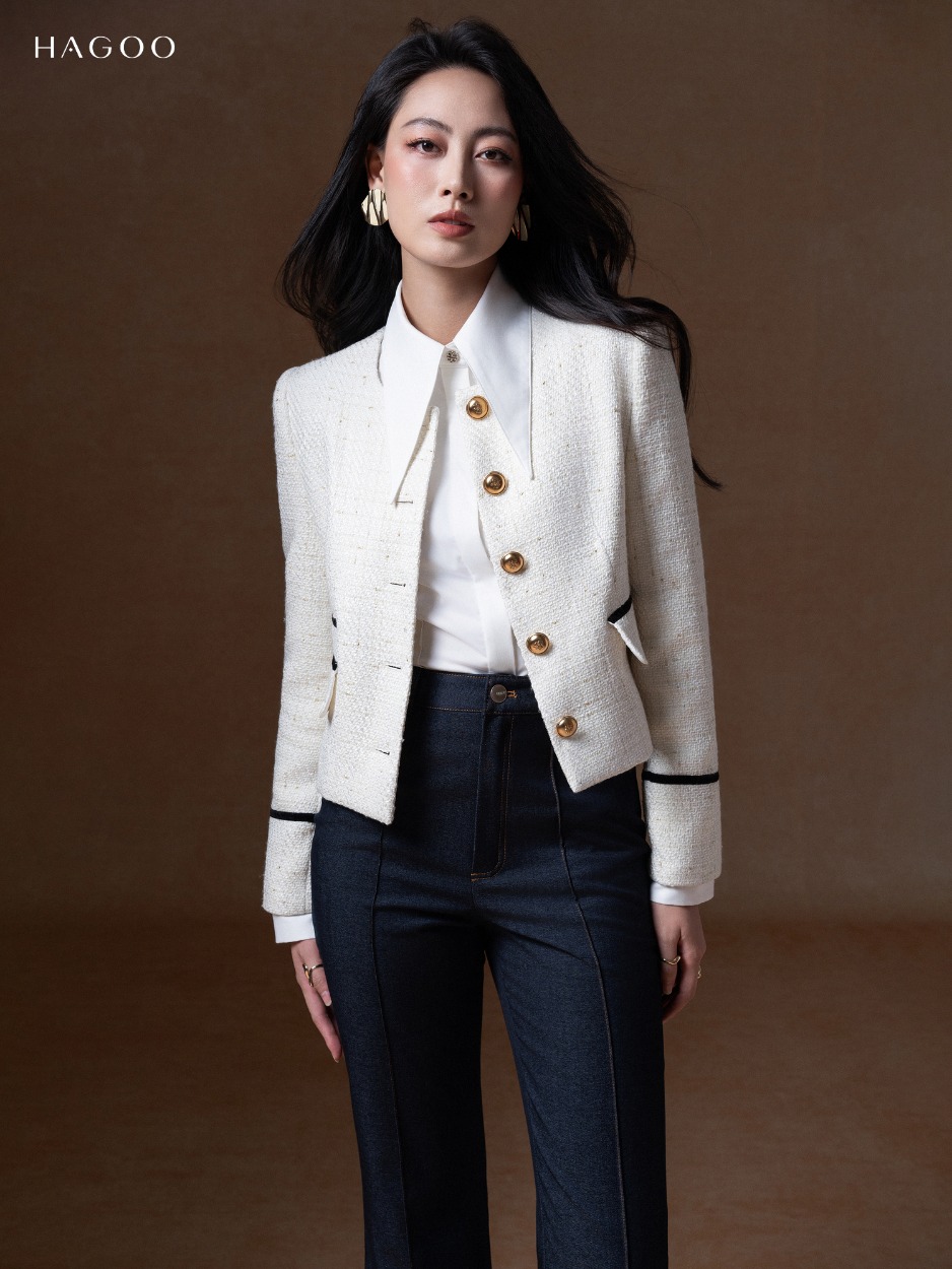 Áo khoác lửng dạ tweed phối lé đen HAGOO