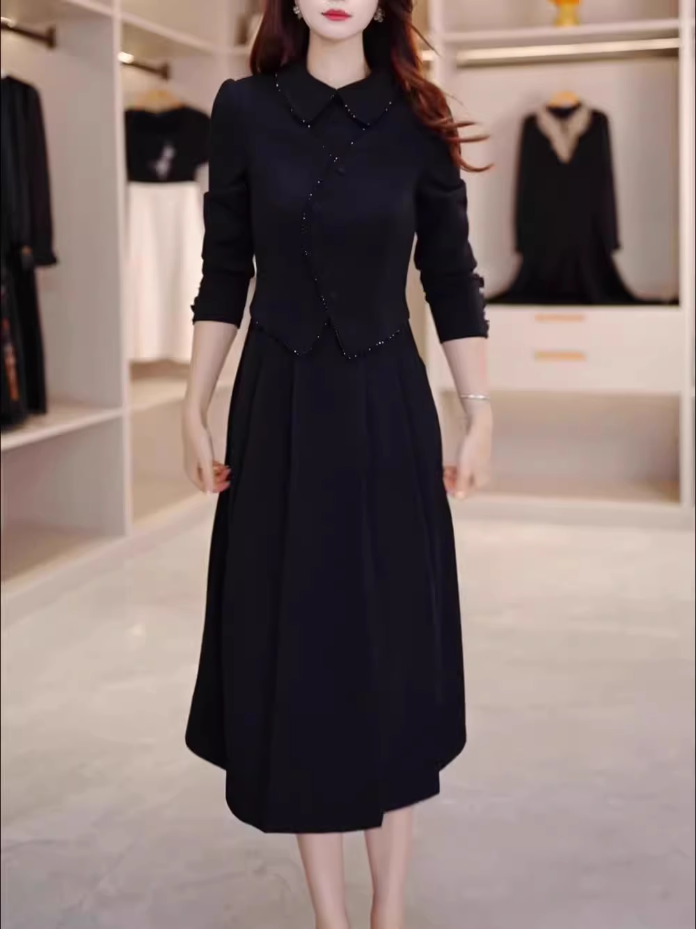 15206-Đầm xòe đen  tay  dài  cổ bẻ   viền ren cách điệu ( thun mịn)_thumbnail_0