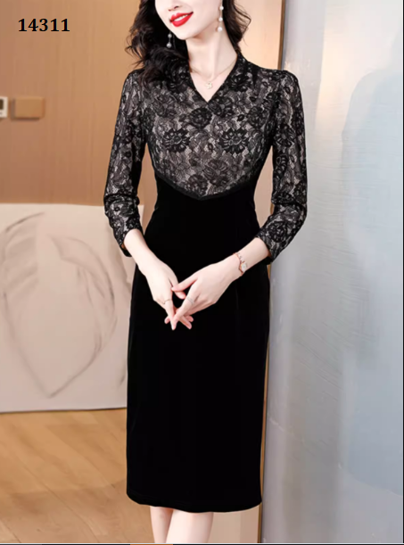 14311-Đầm body suông phối ren tay dài đen  (ren, tpoly 2 da) _thumbnail_2