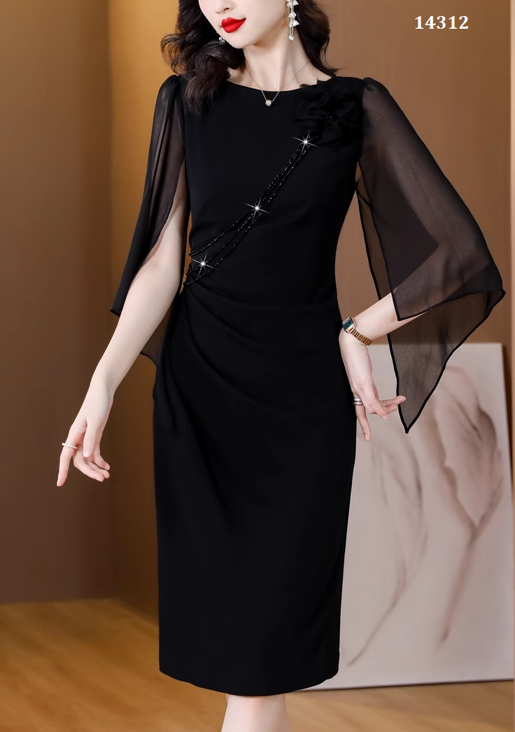 14312-Đầm body suông phôi tay voan xẻ cách điệu (poly 2 da, voan)_thumbnail_0