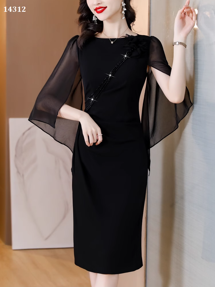 14312-Đầm body suông phôi tay voan xẻ cách điệu (poly 2 da, voan)_thumbnail_1