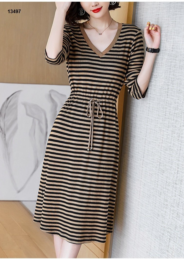 13497-Đầm suông eo thắt nơ họa tiết sọc ngang ( thun lụa )_thumbnail_0
