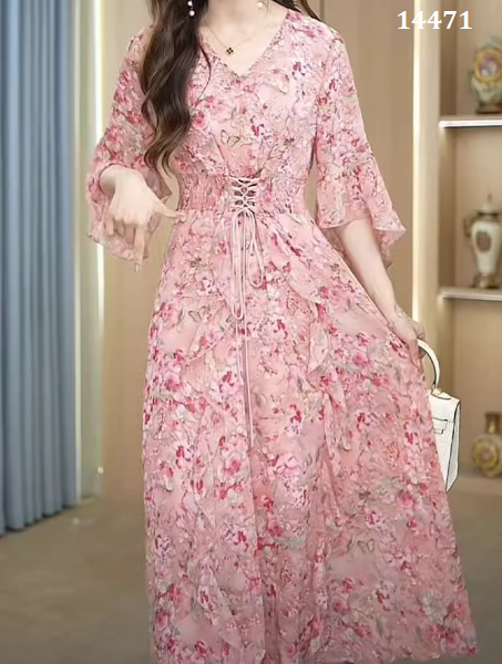 14471-Đầm voan hồng tay loe eo nhún thun co giãn (voan,lót)_thumbnail_1