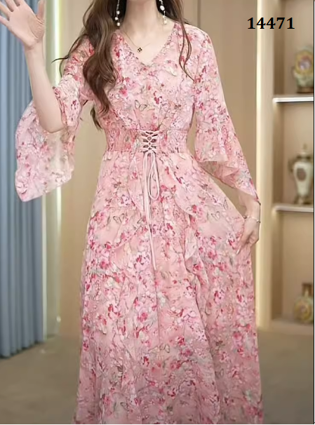 14471-Đầm voan hồng tay loe eo nhún thun co giãn (voan,lót)_thumbnail_2