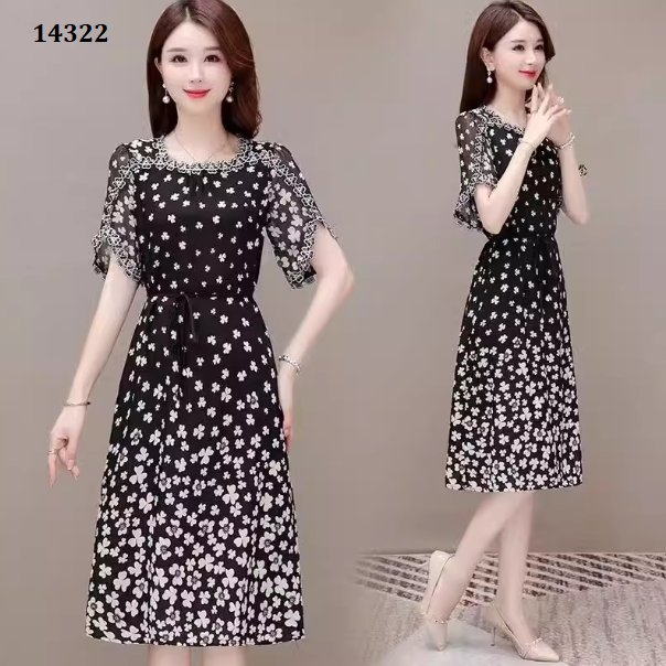 14322-Đầm voan  họa tiết cỏ 3 lá phối viền ren ( voan, lót )_thumbnail_0