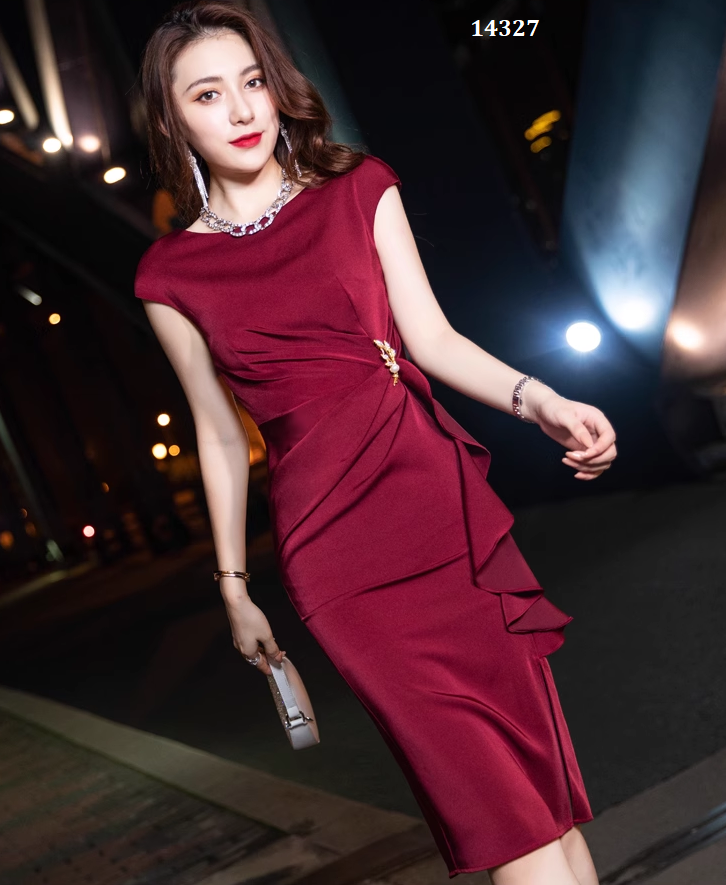 14327-Đầm body đỏ tay ngắn eo nhún bèo cách điệu ( poly2 da)_thumbnail_2