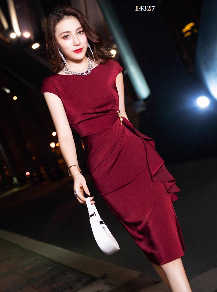 14327-Đầm body đỏ tay ngắn eo nhún bèo cách điệu ( poly2 da)_thumbnail_0
