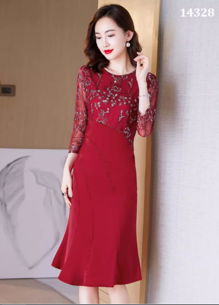 14328-Đầm body  duôi cá phối ren tay lỡ (ren, poly2 da)_thumbnail_2