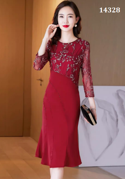 14328-Đầm body  duôi cá phối ren tay lỡ (ren, poly2 da)_thumbnail_3
