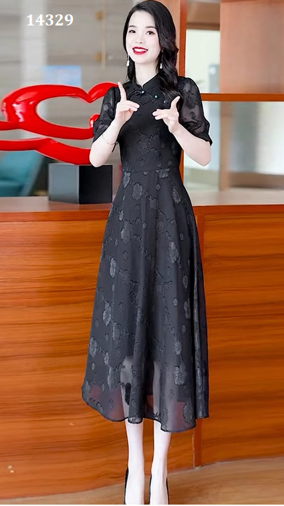 14329-Đầm xòe voan  đen hoa 3D cổ tàu  cách điệu ( voan, lót)_thumbnail_1