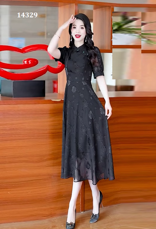 14329-Đầm xòe voan  đen hoa 3D cổ tàu  cách điệu ( voan, lót)_thumbnail_0
