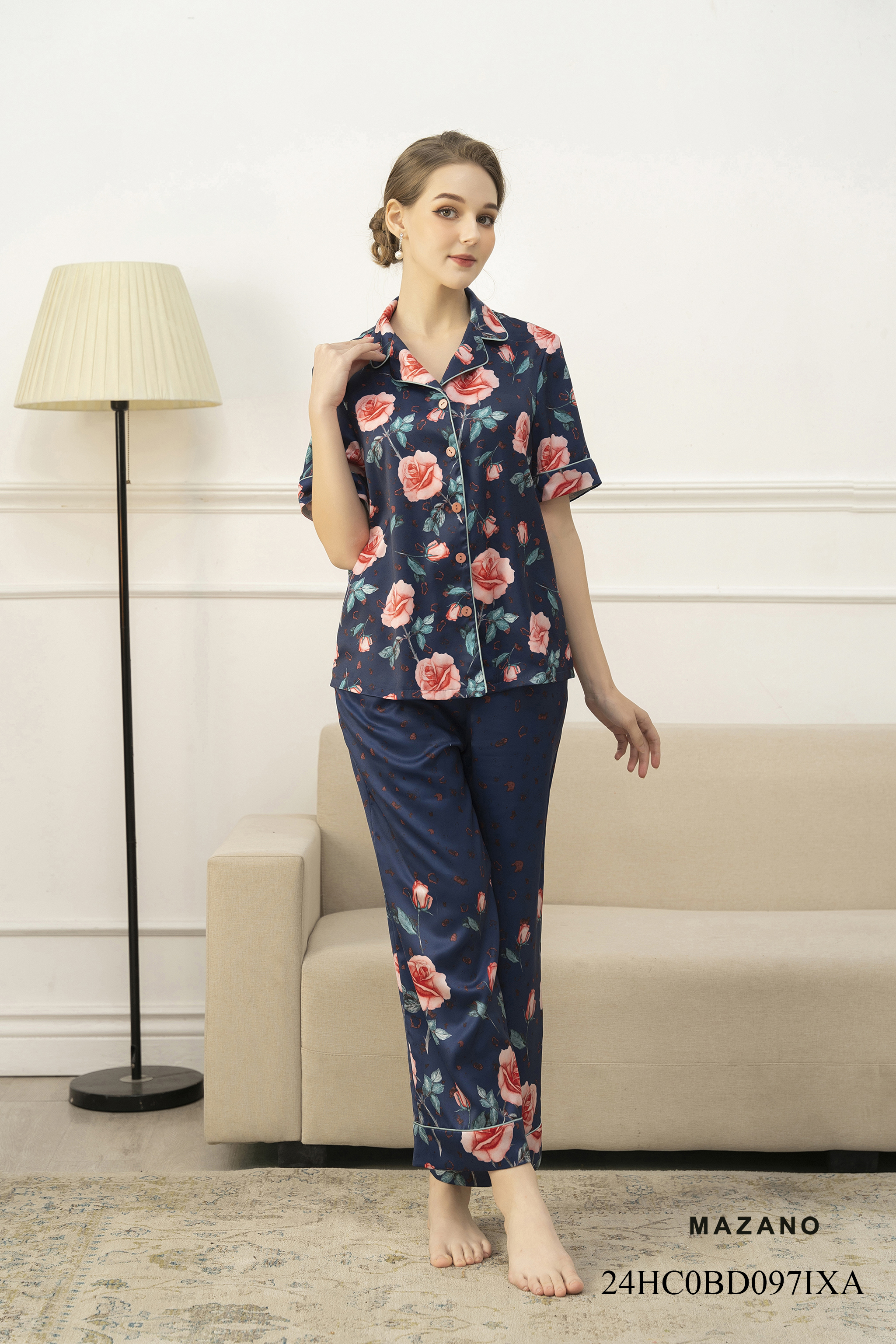 Bộ mặc nhà xanh tím than họa tiết hoa hồng