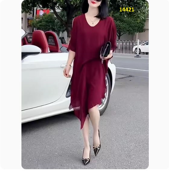14421-Đầm suông tà xéo màu đỏ cách điệu 1 bên eo (voan + lót thun) _thumbnail_0