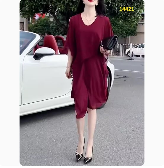 14421-Đầm suông tà xéo màu đỏ cách điệu 1 bên eo (voan + lót thun) _thumbnail_1