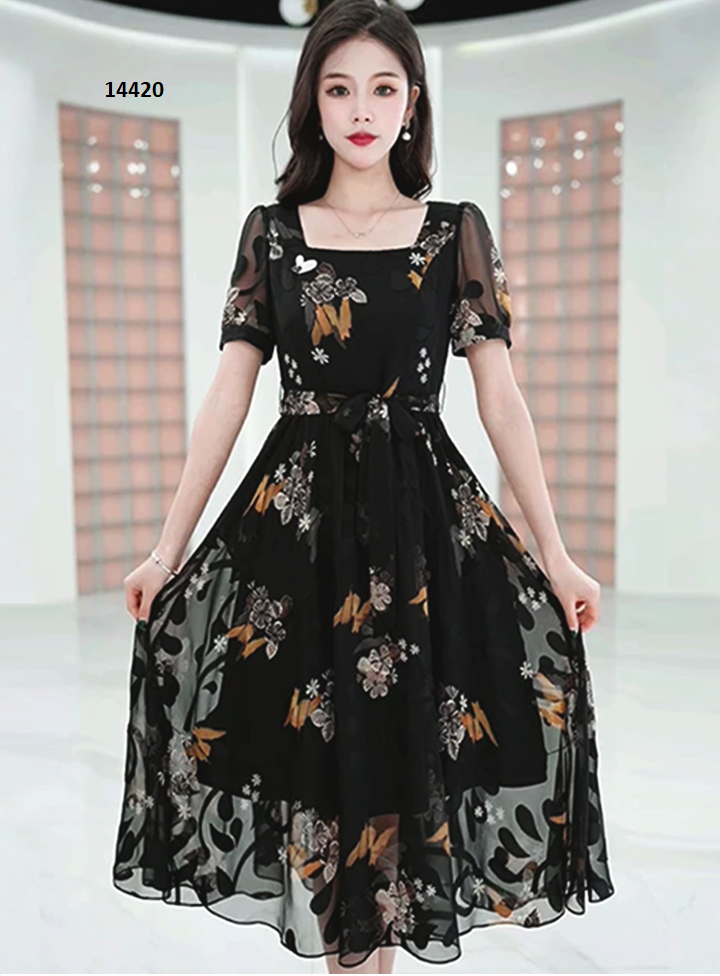 14420-Đầm voan xòe cổ vuông họa tiết hoa trắng vàng_thumbnail_1