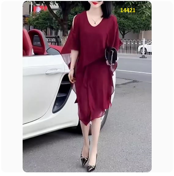 14421-Đầm suông tà xéo màu đỏ cách điệu 1 bên eo (voan + lót thun) _thumbnail_2