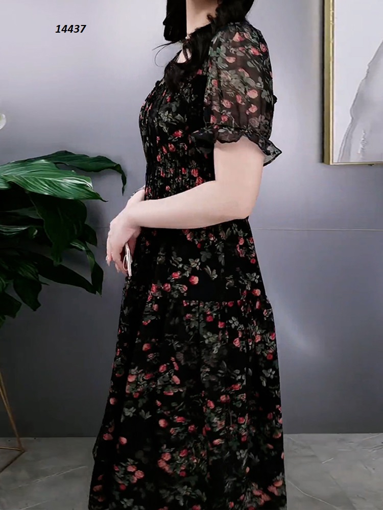 14437-Đầm voan xòe tay ngắn dún eo họa tiêt hoa lá đỏ xanh_thumbnail_2