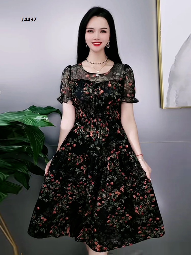 14437-Đầm voan xòe tay ngắn dún eo họa tiêt hoa lá đỏ xanh_thumbnail_0