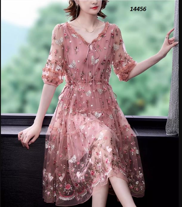 14456-Đầm xòe ren hồng thêu hoa nhí, cổ tròn viền bèo _thumbnail_2