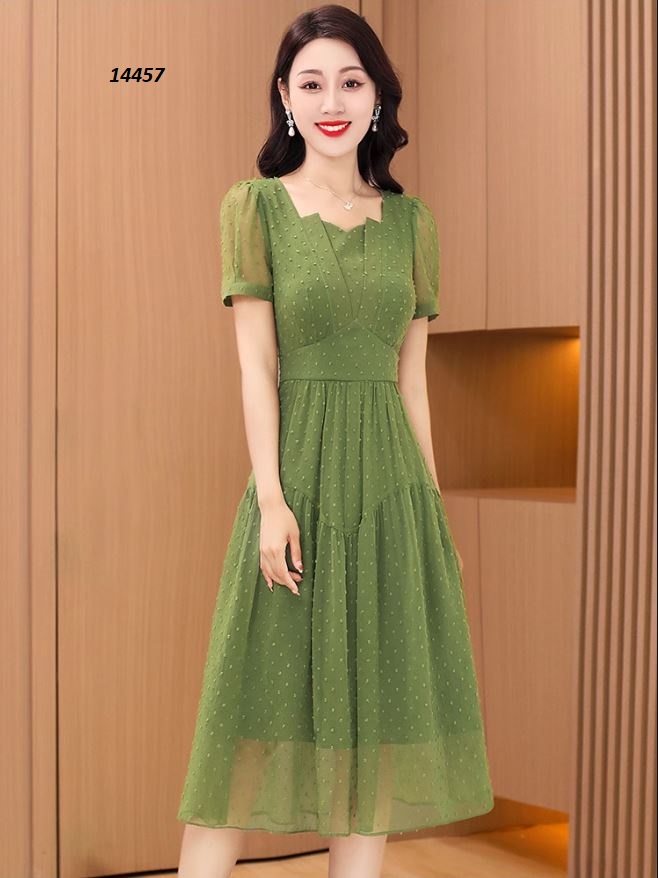 14457-Đầm voan xòe bi nổi xanh lá, may viền tầng lượn sóng_thumbnail_2