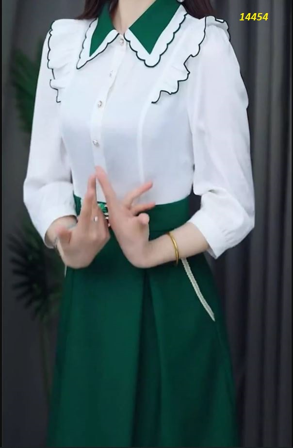 14454-Đầm xòe công sở tay dài  kiểu cổ sơ mi xanh lá_thumbnail_2