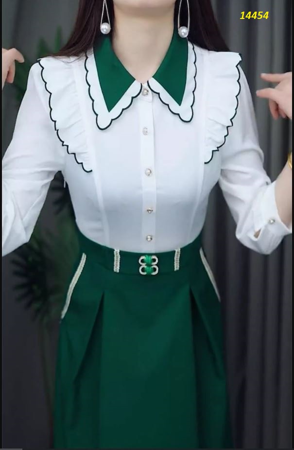 14454-Đầm xòe công sở tay dài  kiểu cổ sơ mi xanh lá_thumbnail_3