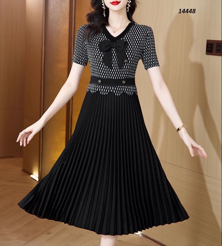 14448-Đầm xòe công sở phối chân váy dập ly, gắn nơ cổ xinh xắn _thumbnail_2