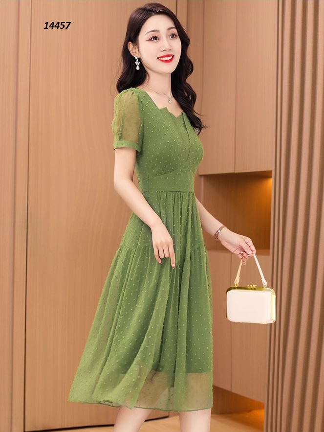 14457-Đầm voan xòe bi nổi xanh lá, may viền tầng lượn sóng_thumbnail_1