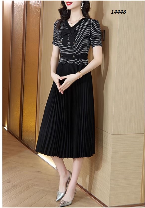 14448-Đầm xòe công sở phối chân váy dập ly, gắn nơ cổ xinh xắn _thumbnail_0