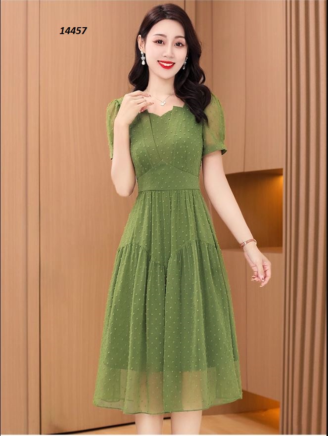 14457-Đầm voan xòe bi nổi xanh lá, may viền tầng lượn sóng_thumbnail_3