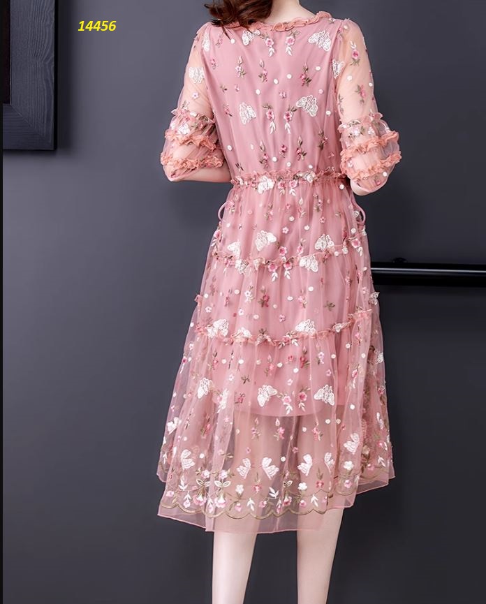14456-Đầm xòe ren hồng thêu hoa nhí, cổ tròn viền bèo _thumbnail_0