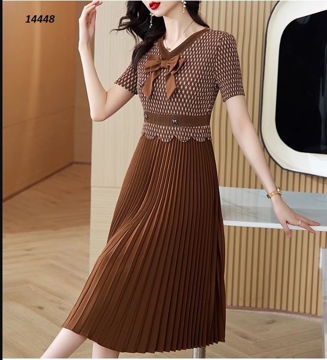 14448-Đầm xòe công sở phối chân váy dập ly, gắn nơ cổ xinh xắn _thumbnail_4