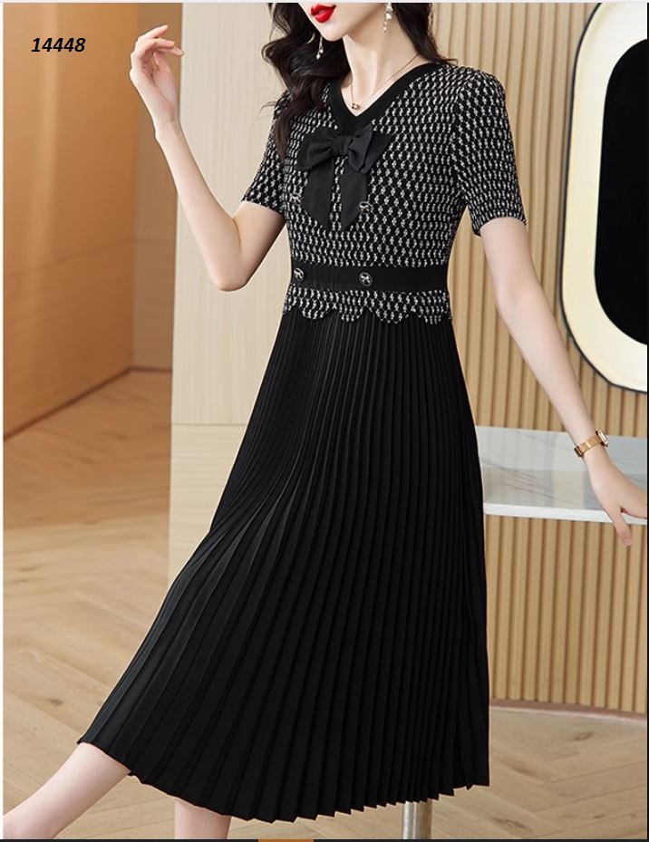 14448-Đầm xòe công sở phối chân váy dập ly, gắn nơ cổ xinh xắn _thumbnail_1